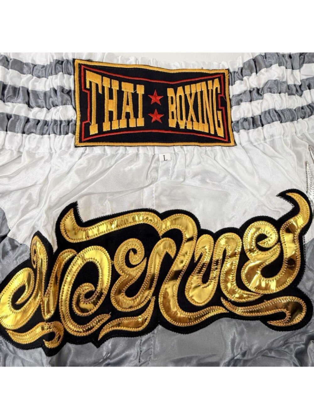 Muay Thai Boxing Shorts Men Women Size L Fonts Gray Gold Satin Patch Kickboxing - Picture 4 of 12